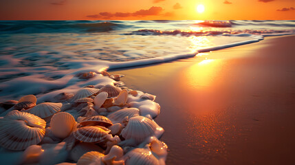 Obraz premium Warm sunset lights up beautiful seashells on the beach