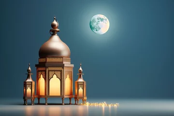 Foto op Canvas Eid mubarak with a crescent moon mosque and lantern on a light background, 3d render, copy space - generative ai © Nia™