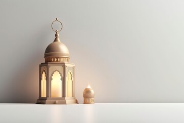 Eid mubarak with a crescent moon mosque and lantern on a light background, 3d render, copy space - generative ai - obrazy, fototapety, plakaty