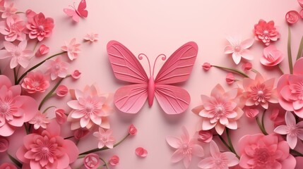 Butterfly And Flower Pink Cherry Blossoms in Spring Background. World Breast Cancer awareness month concepts. Generative Ai.