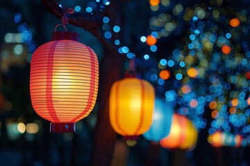 Decoration of paper lanterns on the night hanging the street during Chinese New Year Celebrations