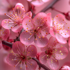 Pink Cherry Blossoms with Water Droplets on a Soft Pink Background