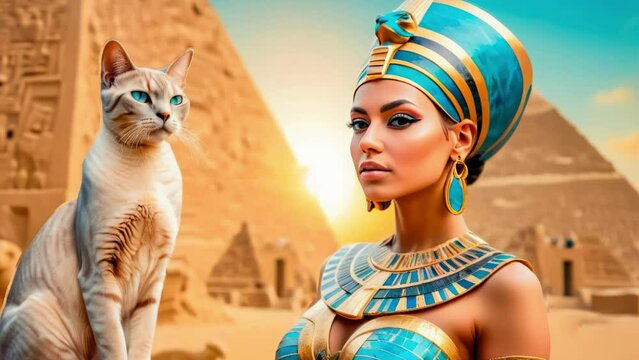 Beautiful Egyptian queen against the background of the pyramid.