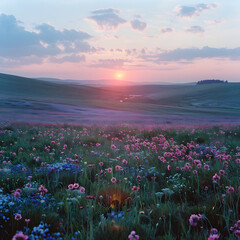 Pastel-Colored Sunrise Over Flower Field and Mountains