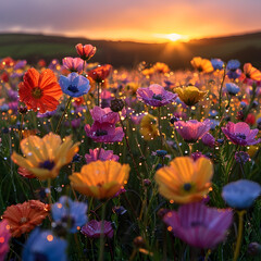 Vibrant Flower Field at Sunrise and Sunset