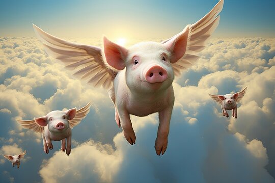 when pigs fly, flying piggies, pigs flying in clouds, pigs in the sky, pig,  Generative AI 