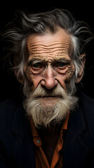 Oldest man in the world wrinkled full frame on dark backround