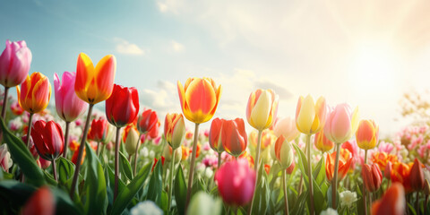 Red, Yellow and Pink tulip flowers blooming in the field with blue sky background. Beautiful Floral...