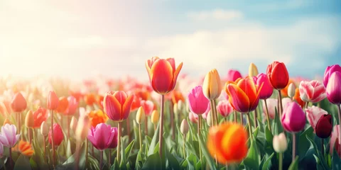Fotobehang Colorful tulip flowers blooming in the field with blue sky background. Spring Flowers. Beautiful Floral background for Easter holiday, Women's day, 8 march, Mother's day, Birthday  © maxa0109
