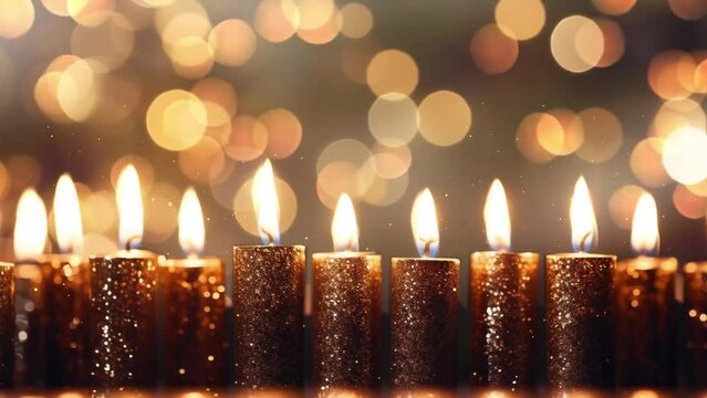 elegant candle with blurred background. burning candles in menorah on black background. seamless looping overlay 4k virtual video animation background 