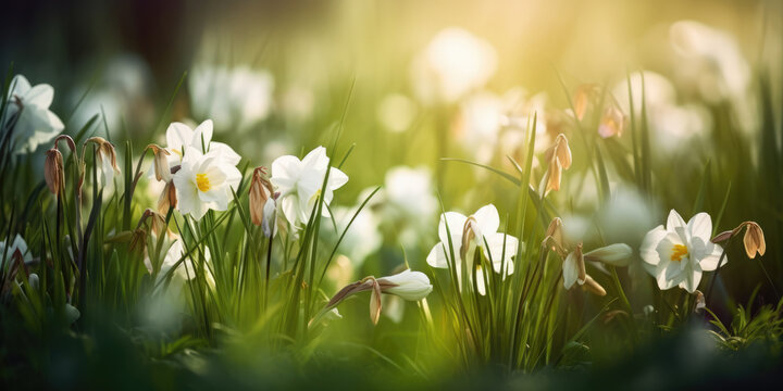 White Spring Flowers blooming in the field. Daffodil flowers.. Jonquils in grass. Beautiful Floral background for  Birthday, Easter holiday, Women's day, 8 march, Mother's day, Wedding