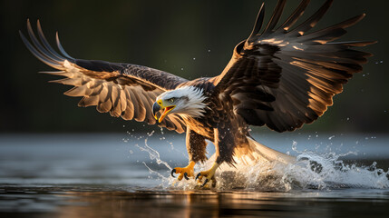 An eagle in flight catching fish from a lake