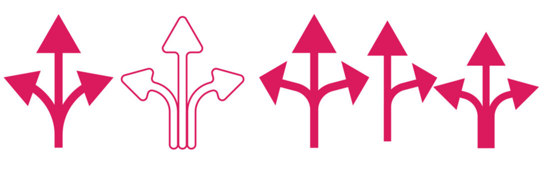 Choice between three roads icon set. Three-way directional arrow. Way, road, direction, branching, arrows , Icon for design. Easily editable, pathway, opportunity, logo, split, choose, three concept,
