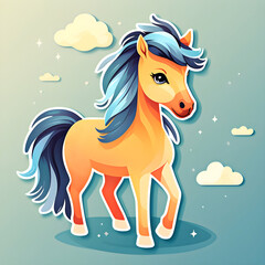 adorable cute cartoon sticker art design of a smiling dun horse (brown/tan with black mane and tail) amid clouds