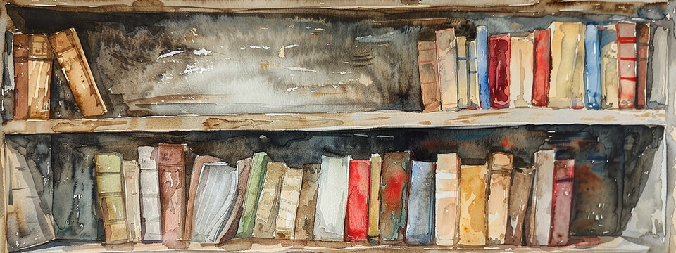 Old weathered bookshelf filled with worn vintage books. Watercolor painting art style. Generative ai.