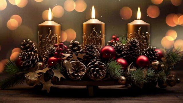 creative advent decoration with four burning candles. seamless looping overlay 4k virtual video animation background 
