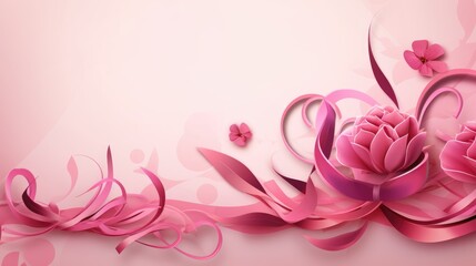 Flower and Ribbon Pink Cherry Blossoms in Spring Background. World Breast Cancer awareness month concepts. Generative Ai