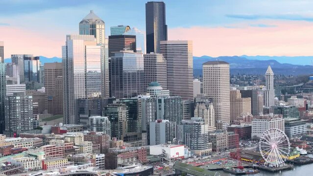 Contemporary urban cityscape view, drone b roll 4K footage. Cinematic glass concrete design business offices buildings cityscape. Modern skyscrapers architecture in downtown Seattle aerial, Washington
