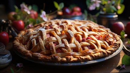 sweet apple pie with white sugar sprinkles on a wooden tray and blurred background - obrazy, fototapety, plakaty