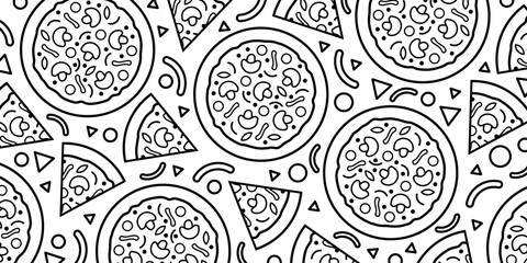 Pizza backdrop. Back line pizza pattern on white background. Vector illustration EPS 10 - obrazy, fototapety, plakaty
