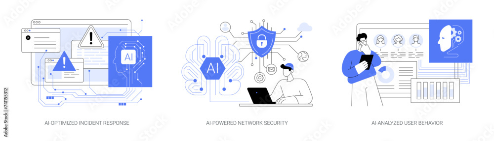 Sticker ai technology in cybersecurity abstract concept vector illustrations.