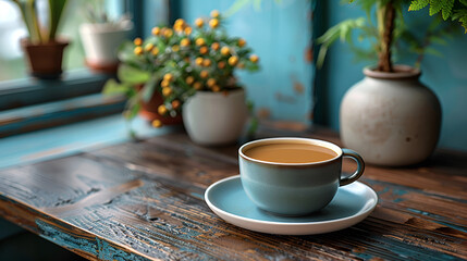 Cozy Coffee Break Concept with a Cup of Coffee on Rustic Wooden Table, Indoor Plants in Background, Warm and Welcoming Atmosphere