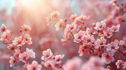 Cherry Blossoms Close-up with Sun Flare, Springtime Nature Background, Warm Color Palette, Ideal for Decor and Themes
