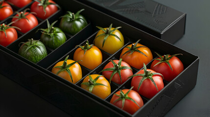 Assorted Heirloom Tomatoes in Luxury Packaging, Gourmet Food Concept, Vibrant Color Scheme, Ideal for Culinary Presentation"