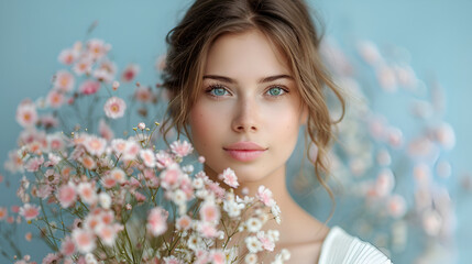 Portrait of a Young Woman with Blooming Flowers, Spring Beauty Concept, Soft Focus, Ideal for Lifestyle and Wellness