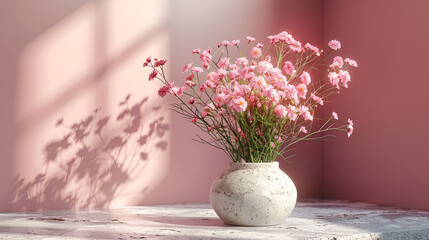Minimalistic image of pink sakura flowers in a ceramic vase, soft play of shadows, home decor and the concept of tranquility, warm pastel colors.