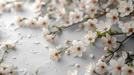 Elegant Cherry Blossom Sprigs on a Textured Surface, Spring Floral Concept, Soft Neutral Tones, Ideal for Invitations and Cards