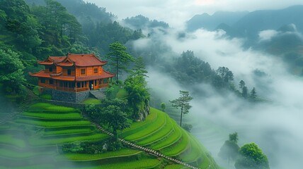 A lone wooden home and green rice terraces beneath an overcast sky