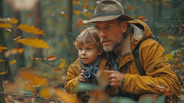 Father and child in the forest, observing birds with binoculars, exploring, and learning about the natural world