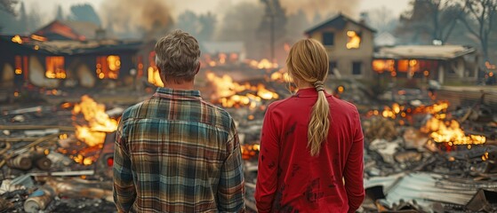 Owners, a man and his wife, inspecting their charred and destroyed home and garden following a fire - obrazy, fototapety, plakaty