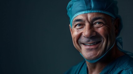 A portrait of a surgeon smiling in studio black background. - obrazy, fototapety, plakaty