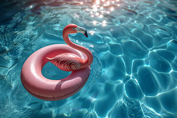 very beautiful girl swims in a pool with a circle of flamingos	
