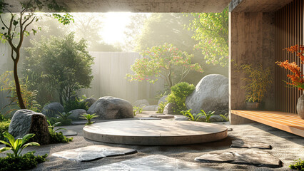 3d render of a modern garden with stone table and green plants