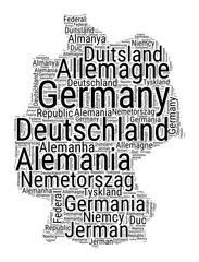 Black and white word cloud in Germany shape. Simple typography style country illustration. Plain Germany black text cloud on white background. Vector illustration.