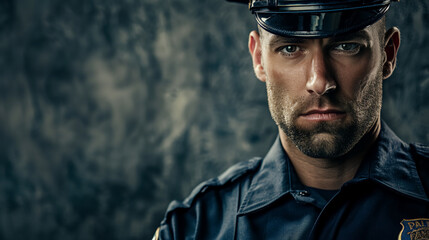 Portrait of a male policeman in serious emotional face in studio - obrazy, fototapety, plakaty
