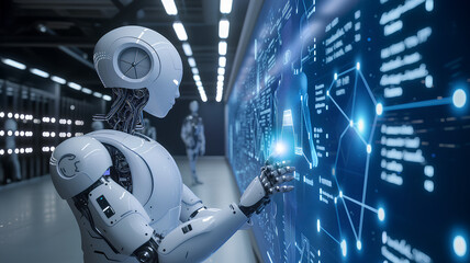 Humanoid Robot Interacting with Digital Data Interface. A humanoid robot with intricate wiring touches a digital interface, symbolizing advanced AI and machine learning technology in a futuristic sett