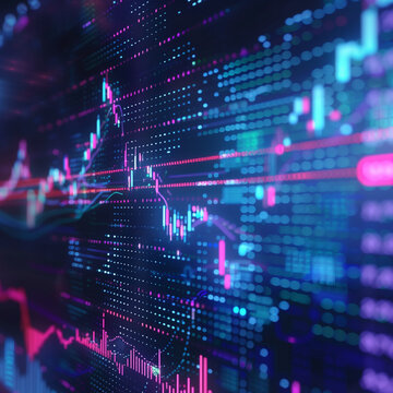 Stock market graph on dark LED screen for business analysis. Finance and economic digital graphs.