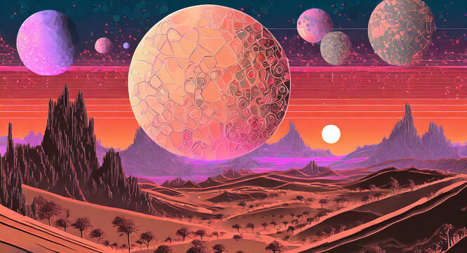 a landscape on mars with several moons and a sunset with fractals, Fantasy landscape with planets, mountains and hills, Vector Illustration