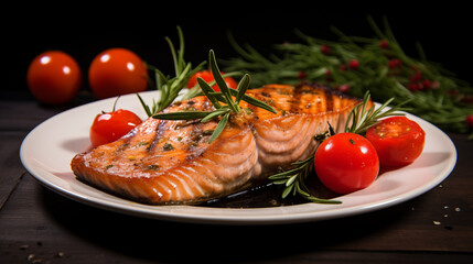Grilled salmon steak with rosemary and tomatoes on a plate.