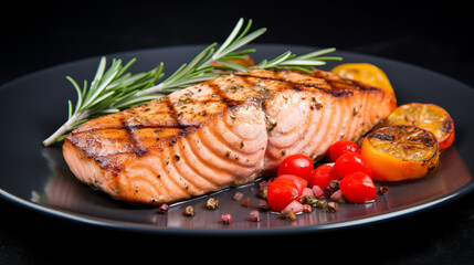 Grilled salmon steak with rosemary and tomatoes on a plate.