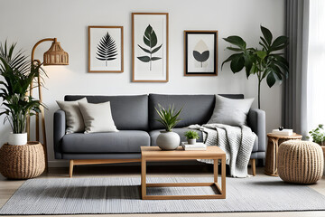 Fototapeta premium Stylish scandi compostion at living room interior with design gray sofa, wooden coffee table, shelf, cube, carpet, rattan pouf, plants, picture frame, table lamp and elegant accessories in home decor.