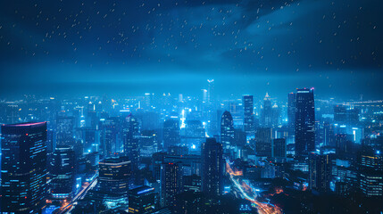 Futuristic Cityscape with Illuminated Skyscrapers. A breathtaking cityscape at night, featuring skyscrapers bathed in neon lights, reflecting a futuristic metropolitan vibe.
