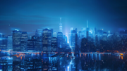 Futuristic Cityscape with Illuminated Skyscrapers. A breathtaking cityscape at night, featuring skyscrapers bathed in neon lights, reflecting a futuristic metropolitan vibe.
 - obrazy, fototapety, plakaty