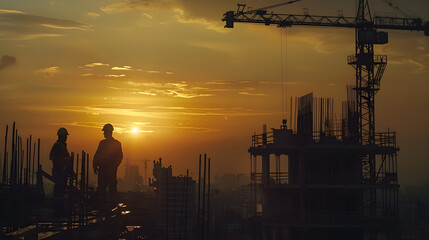 Backlit silhouettes of engineers and workers at construction site at sunset