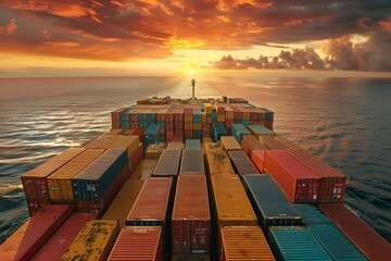 Container ship loaded with colorful boxes Representing global trade and the bustling activity of import and export docks Against a backdrop of a sunset sky - obrazy, fototapety, plakaty