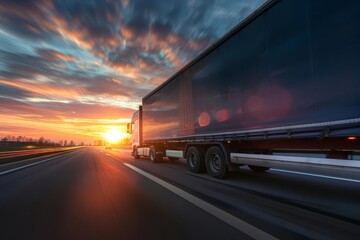 Logistics and cargo transportation concept depicting a truck speeding down a highway at sunset Symbolizing efficient delivery and supply chain management. - obrazy, fototapety, plakaty